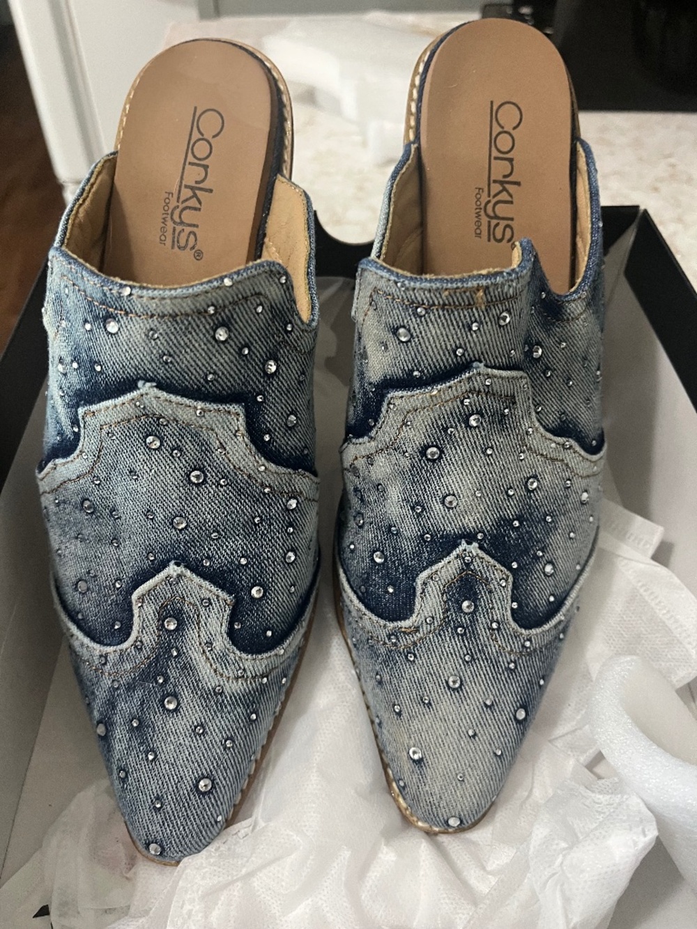 Corky’s Tex Mex Denim Slides New Rhinestones 9